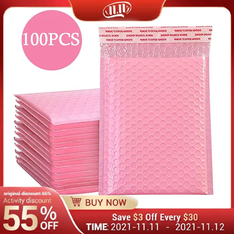 Sobres acolchados de burbujas de color rosa claro, bolsas de envío forradas de polietileno, autosellado, impermeable, regalos, bolsa de correo exprés, 100 Uds.