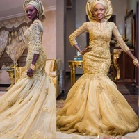 african mermaid gold plus size wedding dresses scoop neckline bridal dress long sleeves lace appliques court train wedding gowns