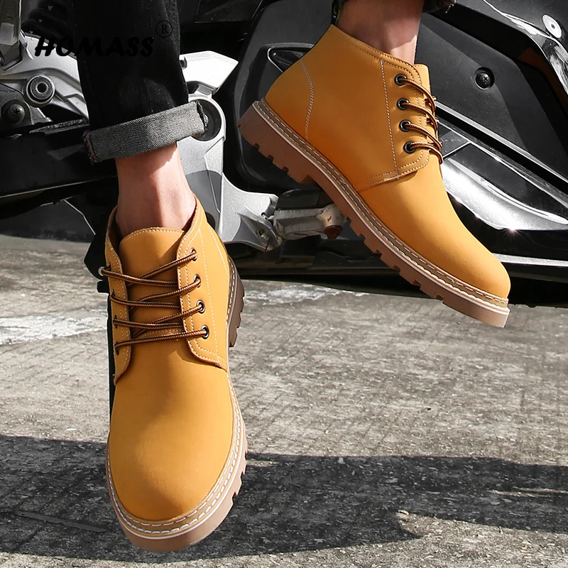 

Boots Men Boots Leather Ankle Lace up Yellow boots Black Outdoor work fashion shoes