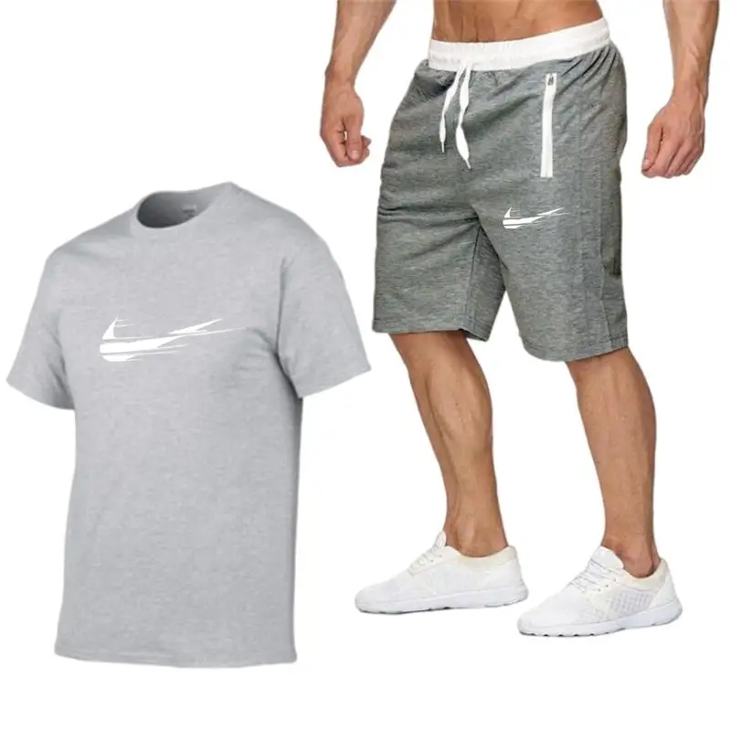 

2021 Men's Summer T-shirt Set 2 Piece Man Sportswear Set 100 Cotton High Quality Sports T-shirt + Shorts Men Suit
