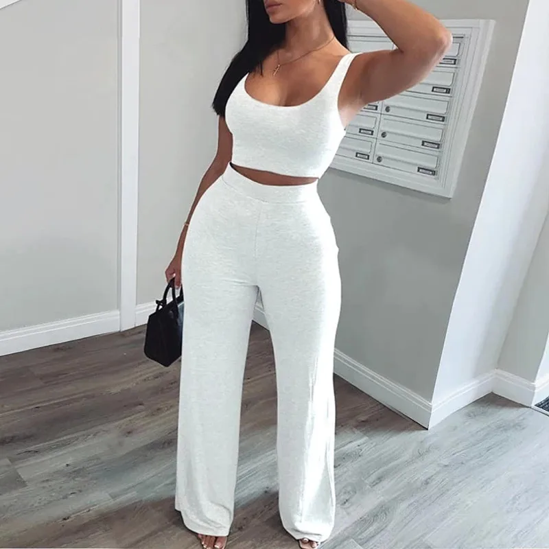 

Two Piece Set Women Solid Crop Short Tank Top & Long Pants Set Two Piece Set Casual Look Women Suits Outfits Matching Sets 2021