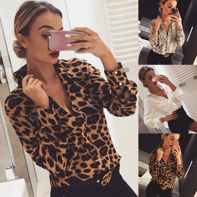 Women Kimono Tops Leopard Printed Shirt Long Sleeve Leopard print Blouse V Neck Casual Snake Skin Shirt plus size S-XL