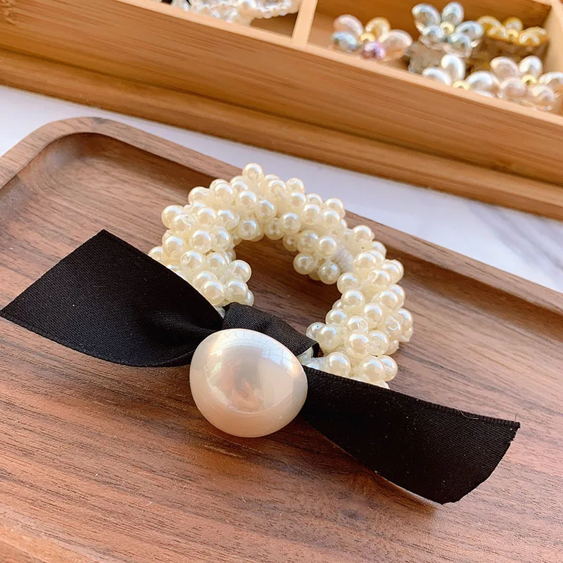 

2020 New Hair Scrunchies Handmade Pearl Hair Ring Korean Bow Hair Band for Women Headdress Scrunchie Hair Bows Hair Accessories