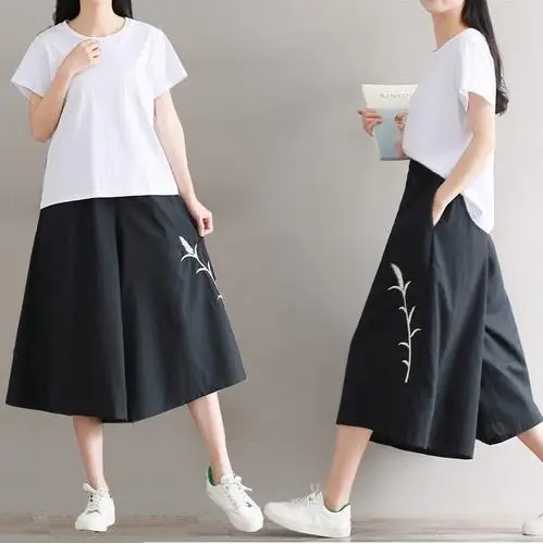 Летние брюки Винтаж трава вышитые женские свободные твердые черные эластичные