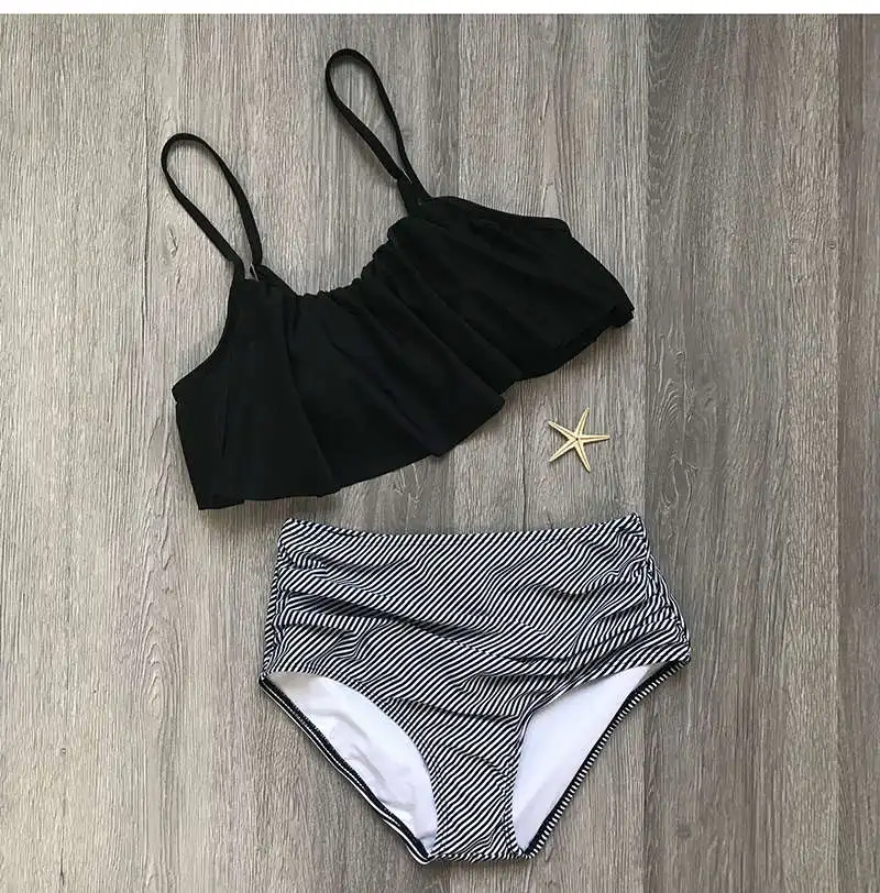 Black Stripes Сексуальный комплект бикини с воланами, женский короткий топ с пуш-ап и высокой талией, летний пляжный купальник, купальный костюм с эффектом пуш-ап - Цвет: Black Stripes