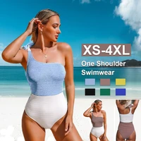 one shoulder one piece swimsuit sexy blue white colorblock women tied bow monokini 2021 new girls beach bathing suits swimwear