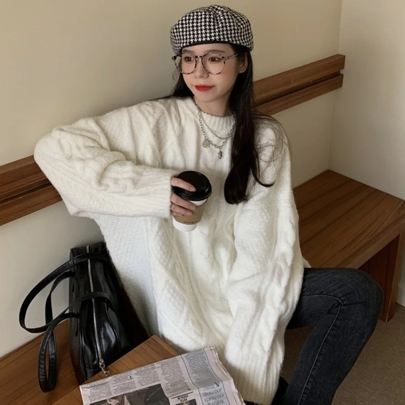 Белый пуловер вязаный женский свитер Осень-зима 2021 свободная верхняя одежда в