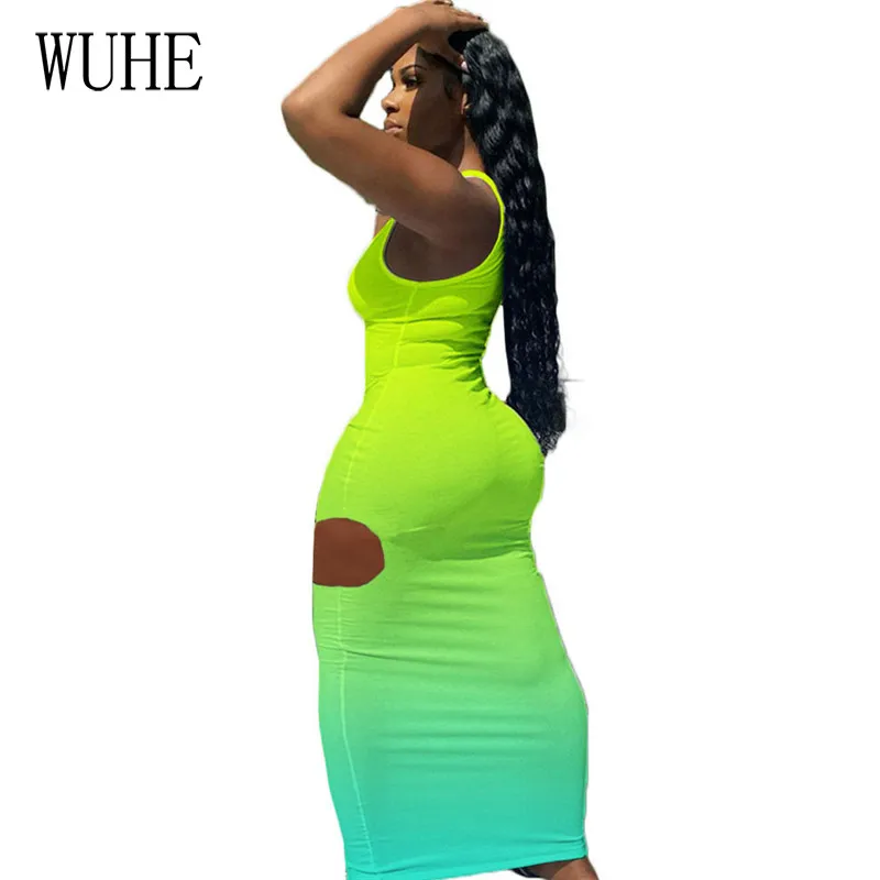 

WUHE Gradient Slim Bodycon Package Hip Skinny Hollow Out Sleeveless Sexy Deep V Neck Off Shoulder Summer Women Party Dresses