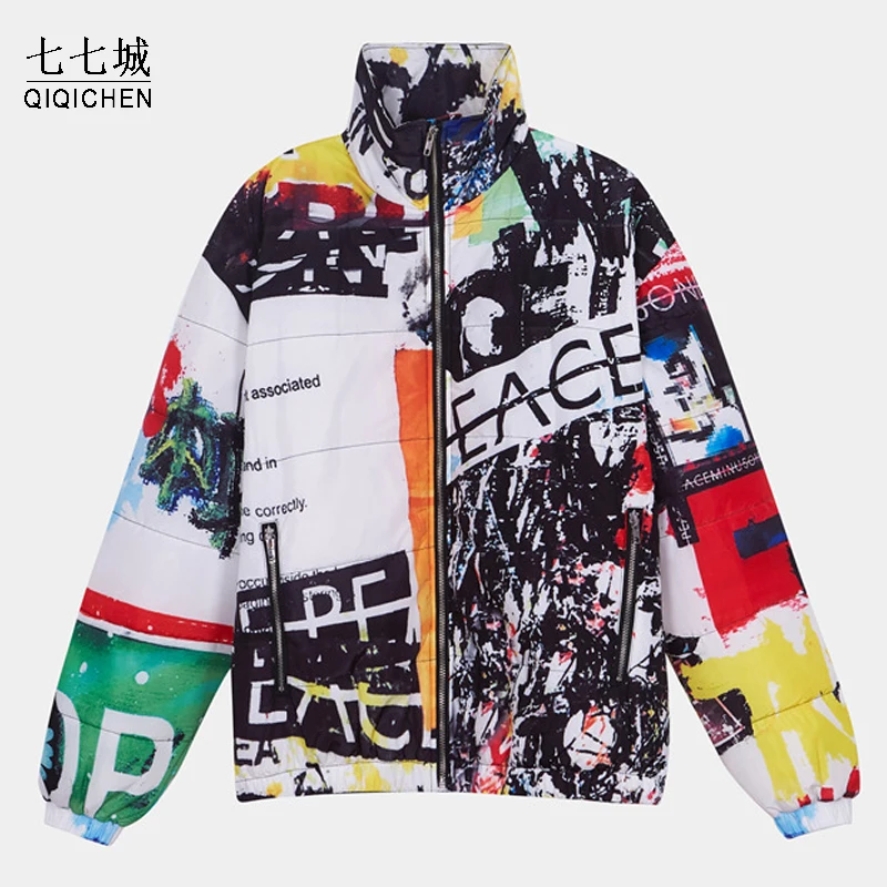 

Winter Hip Hop Parkas Men Letter Graffiti Down Jacket Women Streetwear Harajuku Autumn Cotton Padded Coat Women Warm Outwear
