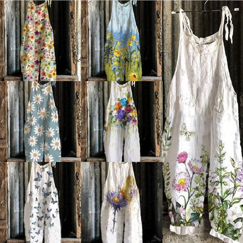 

2021 Summer Rompers Womens Jumpsuit New Sweet Little Fresh Flower Print Retro Loose Wide Leg Halter Pants