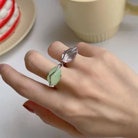 origin summer temperament peach flower petals ring for women pink green gemstone open adjustable index finger ring jewellery