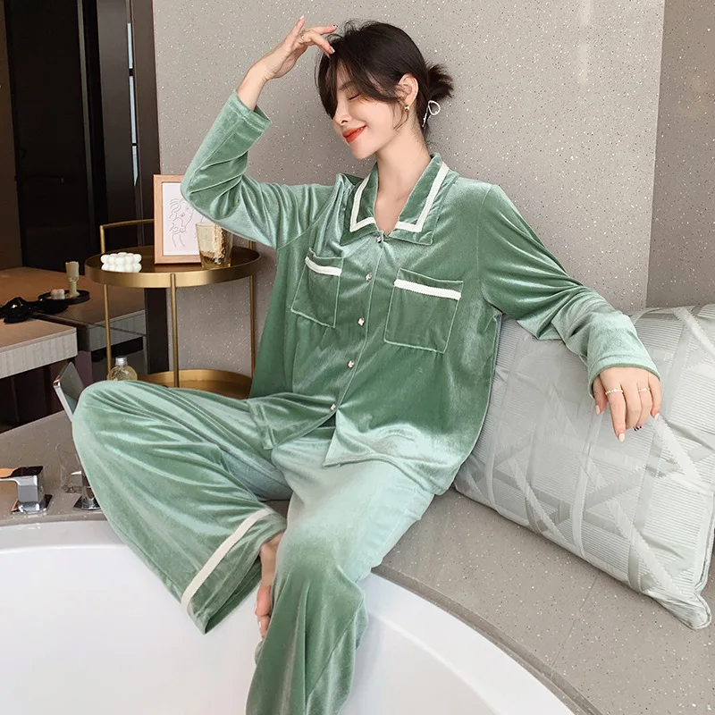 Gold Velvet Pajamas Sets for Women Autumn and Winter Hot Sale Plush Homewear Sleepwear Women's Trouser Pajamas Home Suit пижама