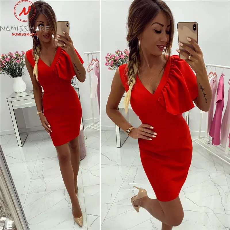 Elegant Women Bodycon Dress Patchwork Design Ruffles Decor V-Neck Sleeveless Solid Summer Mini Slim Hips Dress for Streetwear