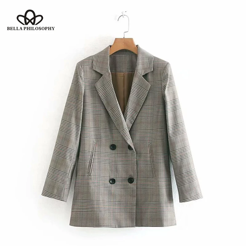 

Женский двубортный Блейзер Bella philosophy, в клетку с длинным рукавом, винтажный, свободный, Повседневный, для осени, 2019