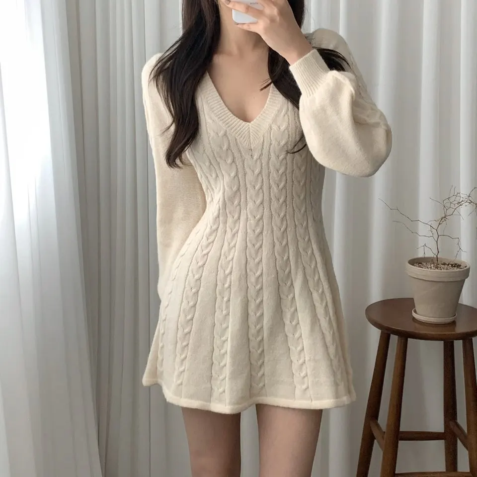 

White Pink Knitted Dresses for Women Autumn Winter 2021 Korean New Pullover Sexy V-Neck Long Lantern Sleeve A Line Sweater Dress