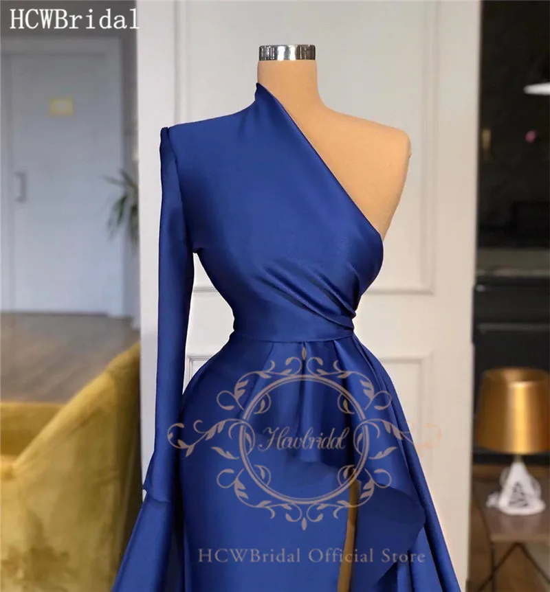

Royal Blue One Shoulder Long Formal Evening Dress New Design High Slit A Line Plus Size Satin Prom Gown Special Occasion Dresses