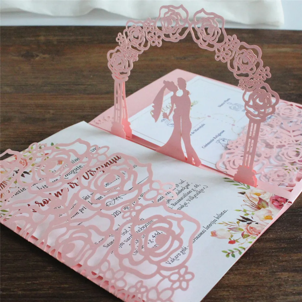 Pink Invitation Wedding Marriage Personalized Invite RSVP Press Pearl Paper Pop Up Rose Laser Cutting 50 Sets