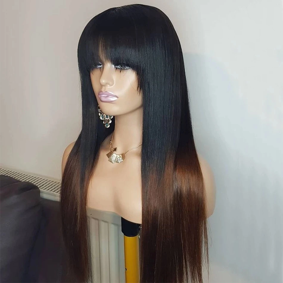 

Fringe Wigs Ombre Brow Auburn 360 Frontal 13x6 Lace Front Human Hair Wigs with Baby Hair Straight Silk Base Full Lace with Bangs