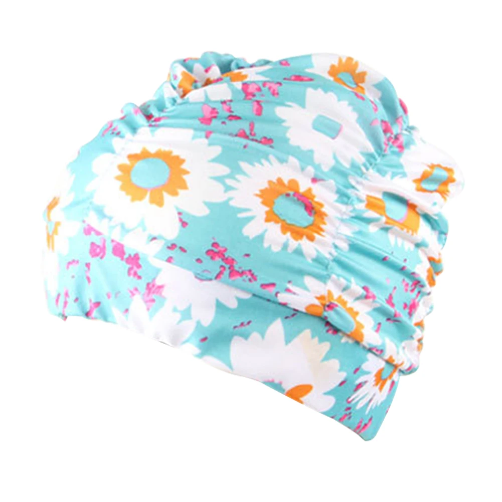 

Women Fashion Elastic Adult Pleated Beach Bathing Long Hair Stretch Swimming Cap Pool Flower Printed Hat Nylon