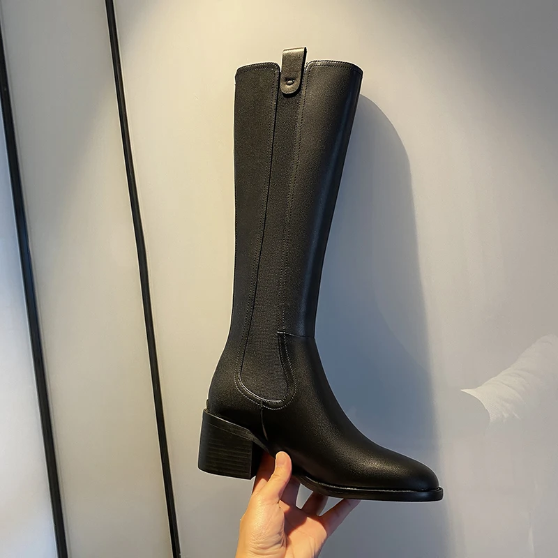 

QZYERAI New Winter Genuine Leather Riding Boots Women Shoes Thick Heel Knee High Boots High Heel Zipper Lady Boots