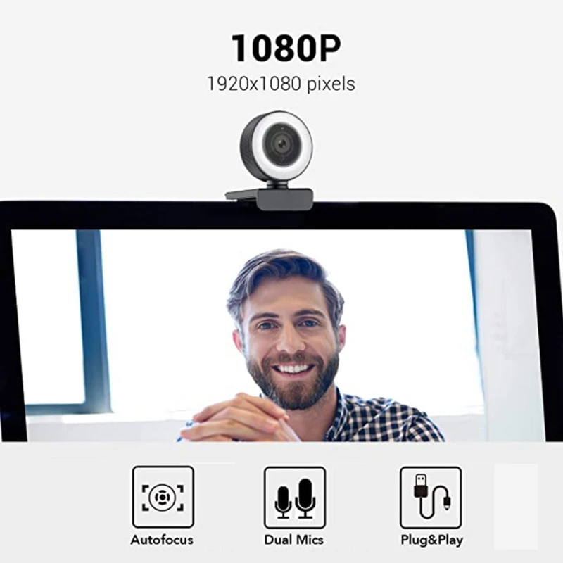 

1080P Webcam Built in Adjustable Ring Light and Mic Advanced Autofocu Web Camera 103F