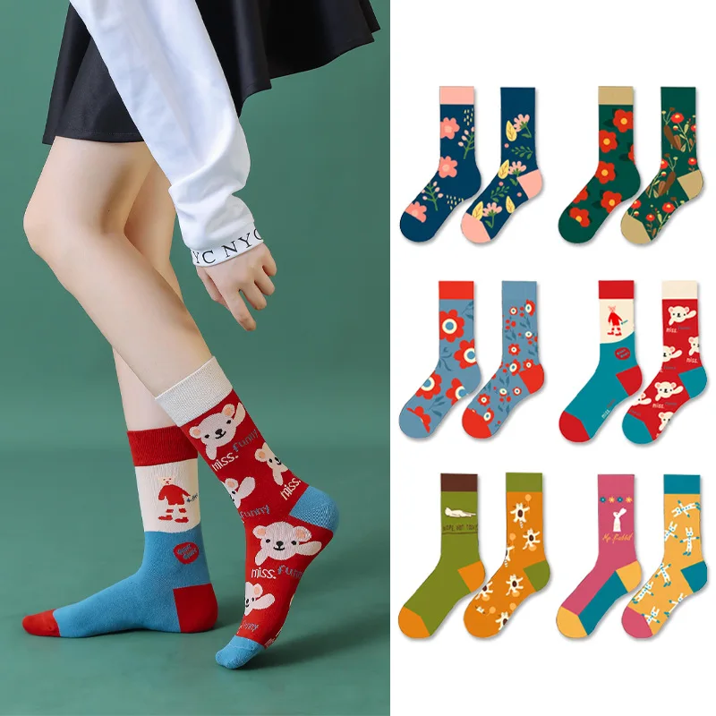 

2021 Spring Street Trend Cotton Lovable Mid-High Tube Creative Cartoon AB Surface Socks Women's