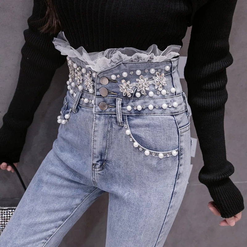 

Fashion Beading studded feet Denim Pants 2021 Korean High waist Embroidered Flares slim Lace stitching stretch washed Jeans 735F