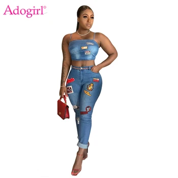 Adogirl Cartoon Patch Jeans Two Piece Set Spaghetti Straps Crop Top Curled Jeans Pants Women Sexy Night Club Suit Casual Outfits 1