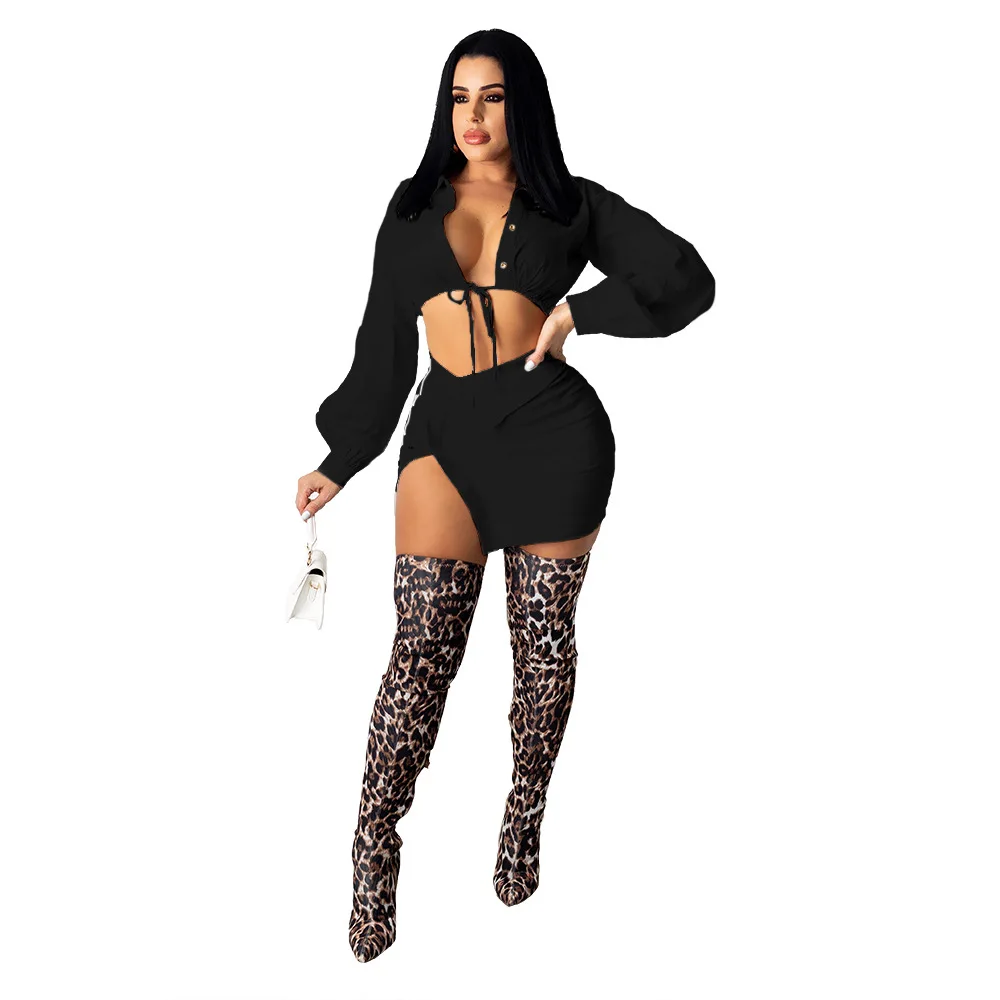 

Suit Lady Two-Piece Black and White Long-Sleeved Bandage Shirt Top + Side Slit Mini Skirt Club Party Street Sexy Summer 2021