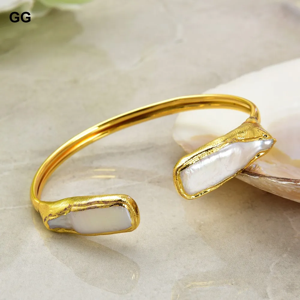 GG Jewelry Cultured White Biwa Rectangle Pearl Golden Plated Bangle Bracelet | Украшения и аксессуары