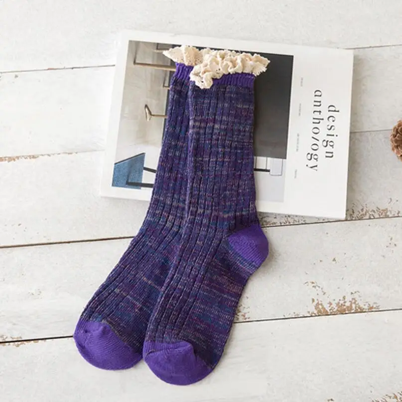Thick Cotton Socks for Women Lace Cuff Ribbed Marled Yarn Multi Winter Ankle Socks Warm Crew Sock 5Pairs/ Lot