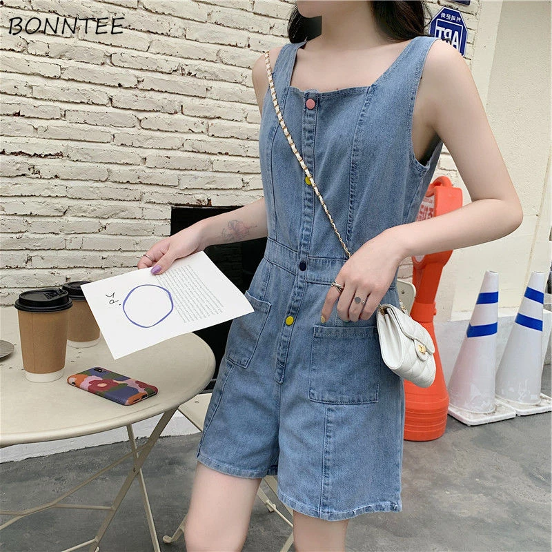 

Denim Rompers Women Chic Sleeveless Summer Student Hot Ladies Clothing Simple Vintage All-match BF Style Stylish Female Playsuit