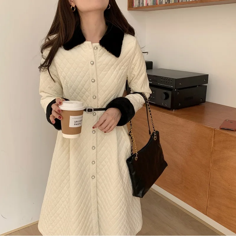 Winter Warm Long Women Jacket Coat Fur Collar Rhombus French Elegant Coat Black Single-breasted Lace-up Waist Jacket