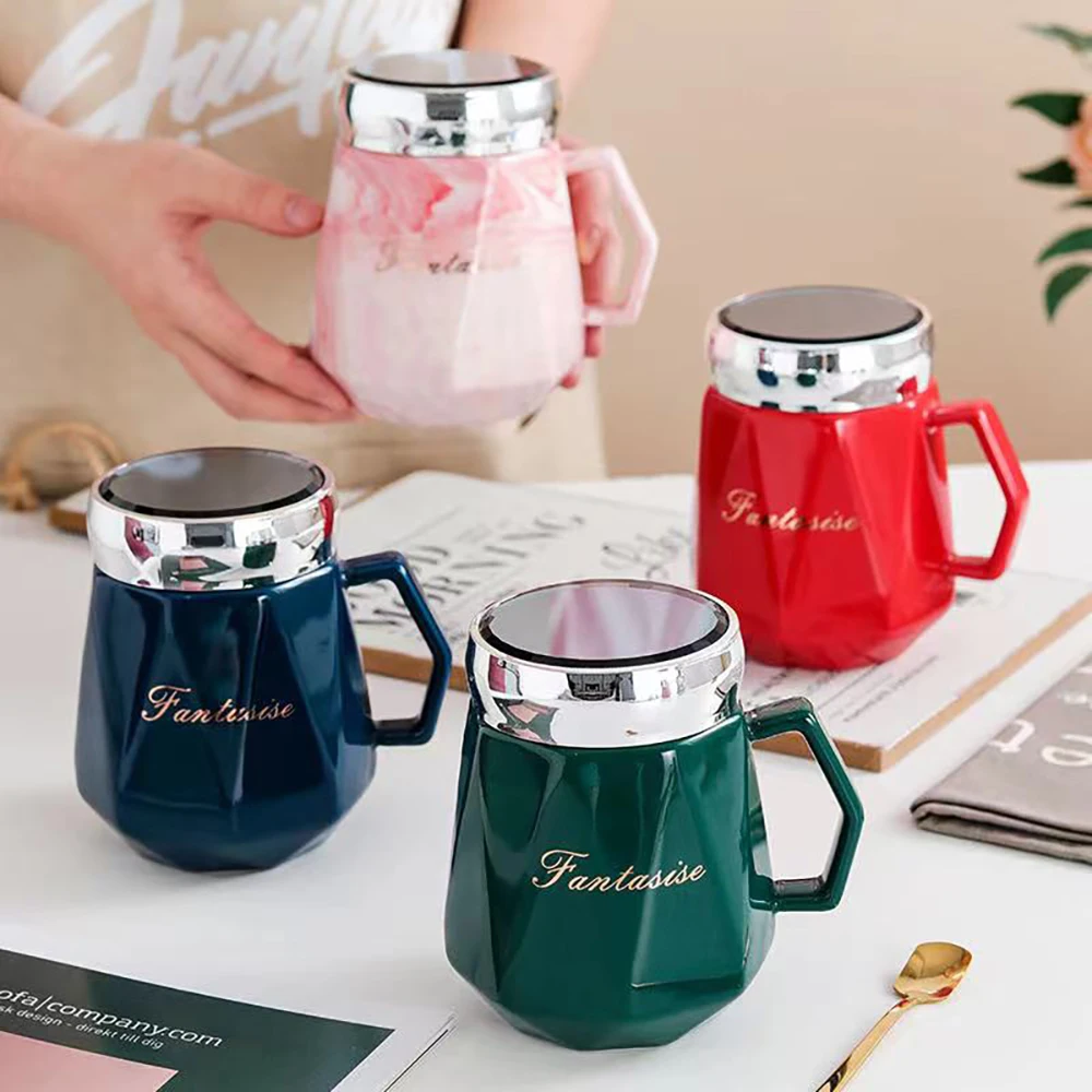 

Reich Creative mirror Ceramic mug Cute Coffee Mug Milk Cup with spoon lids Coffee tea Cup 500ml Capacity Water Mugs X-Mas Gift