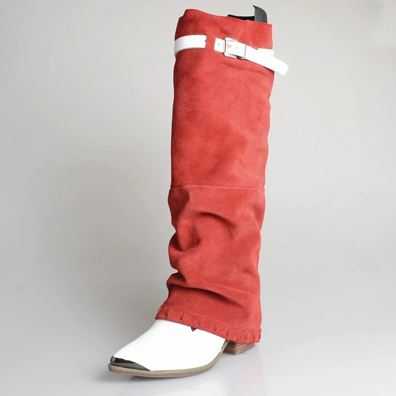 

Western Cowgirl Suede Pointy Toe Chunky Cowhide Long Tube Boots Trousers Boots Belt Buckle Famale Winter Cool Knight Boots