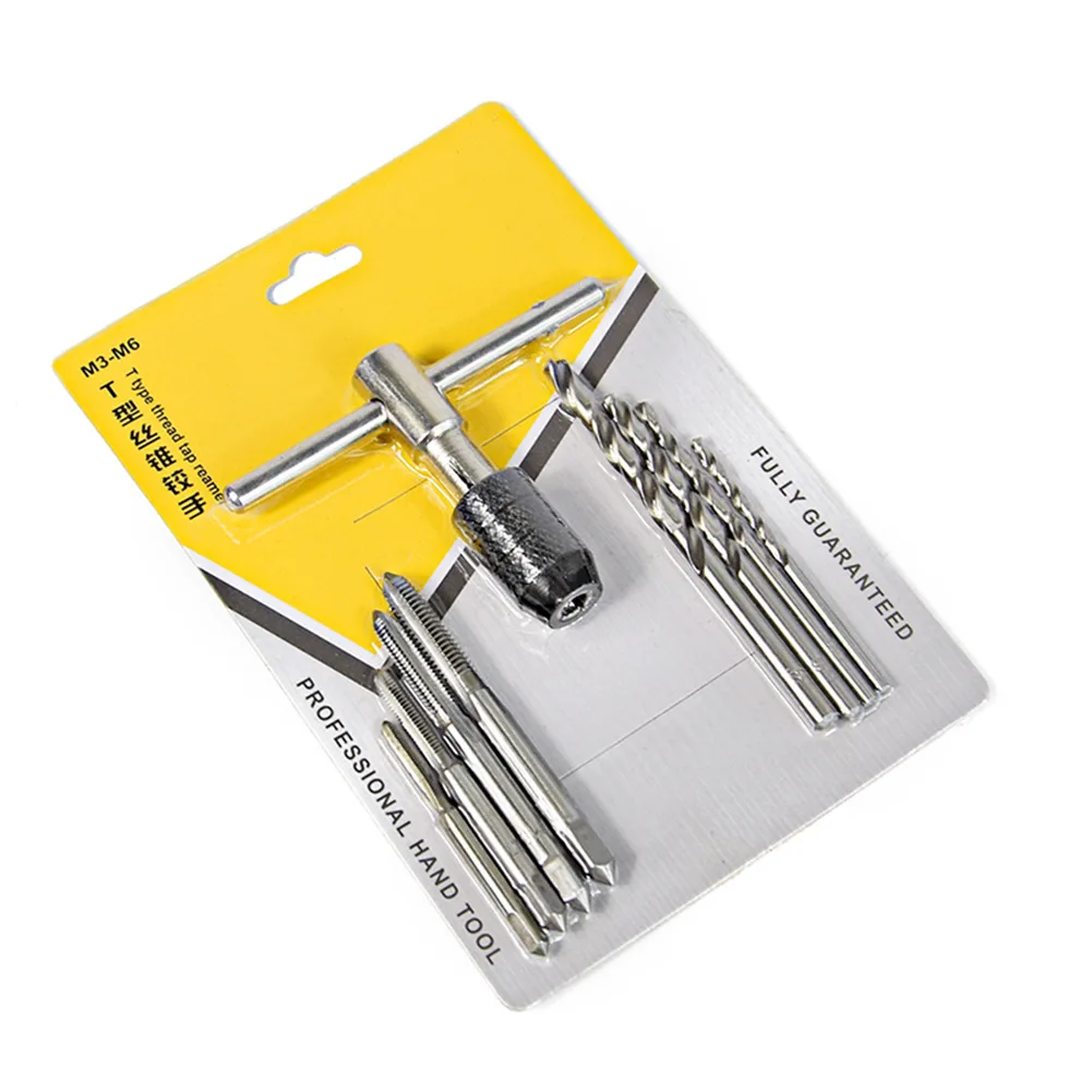 

9-Piece Set Tap and Screw Die Suite M3-M6 Tap and Twist Drill T-Shaped Drift Holder Hands Power Tools Steel Manufacturing