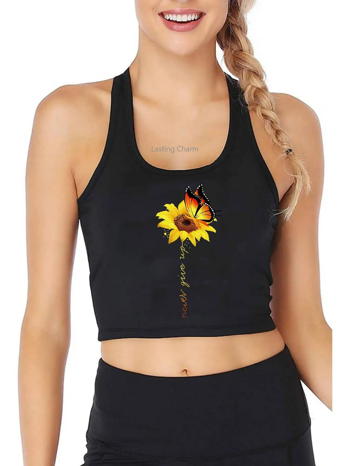 

Butterflies come when they smell the fragrance Never give up motto Print Tank Top Women's Yoga Sports Workout Crop Top