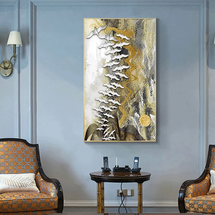 Абстрактная Картина на холсте с изображением белых птиц и перьев золотистый