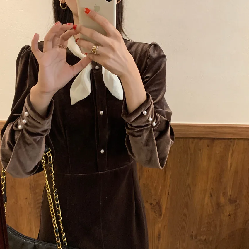 

Loose Sexy Brief Dresses Retro Elegant Slim Women Vestidos 2021 Elegance Bow Collar All Match Hot Long Dresses Sweet