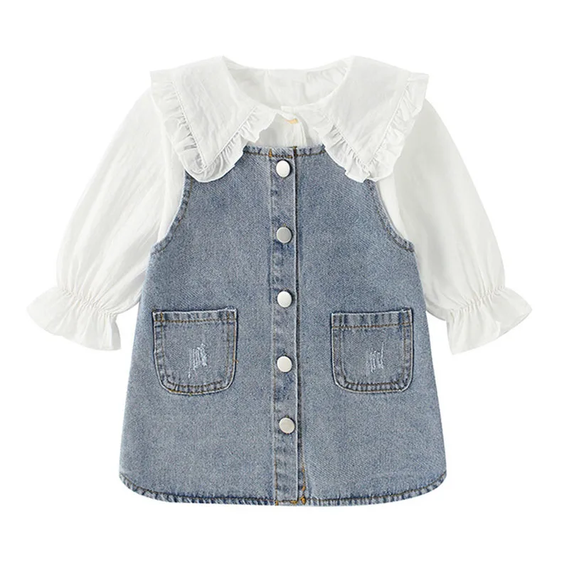 

2021 Autumn New Fashion Baby Girls Long Sleeve Shirt+Denim Dress Children Set Cute Infant Clothes Toddler