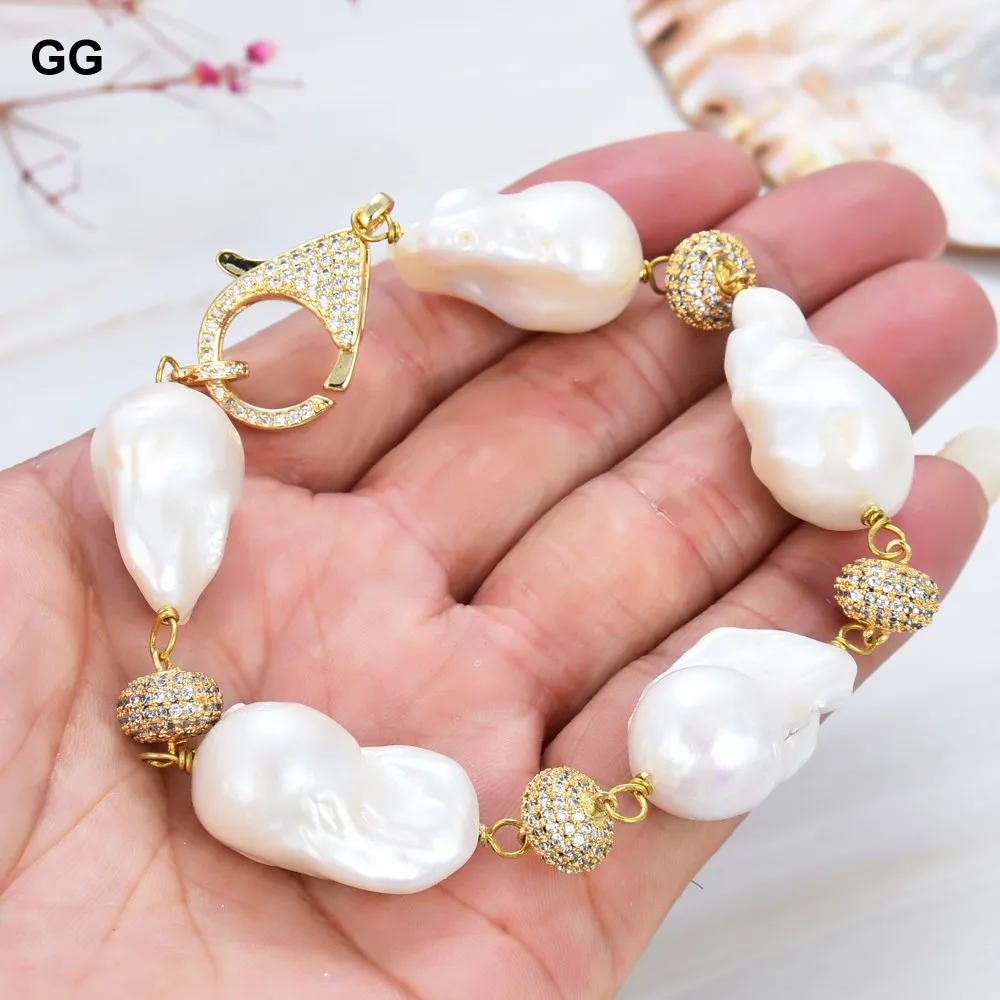 

GuaiGuai Jewelry Natural Pearl Classic 8" Freshwater White Baroque Keshi Pearl Bracelet CZ pave Beads Connectors For Women