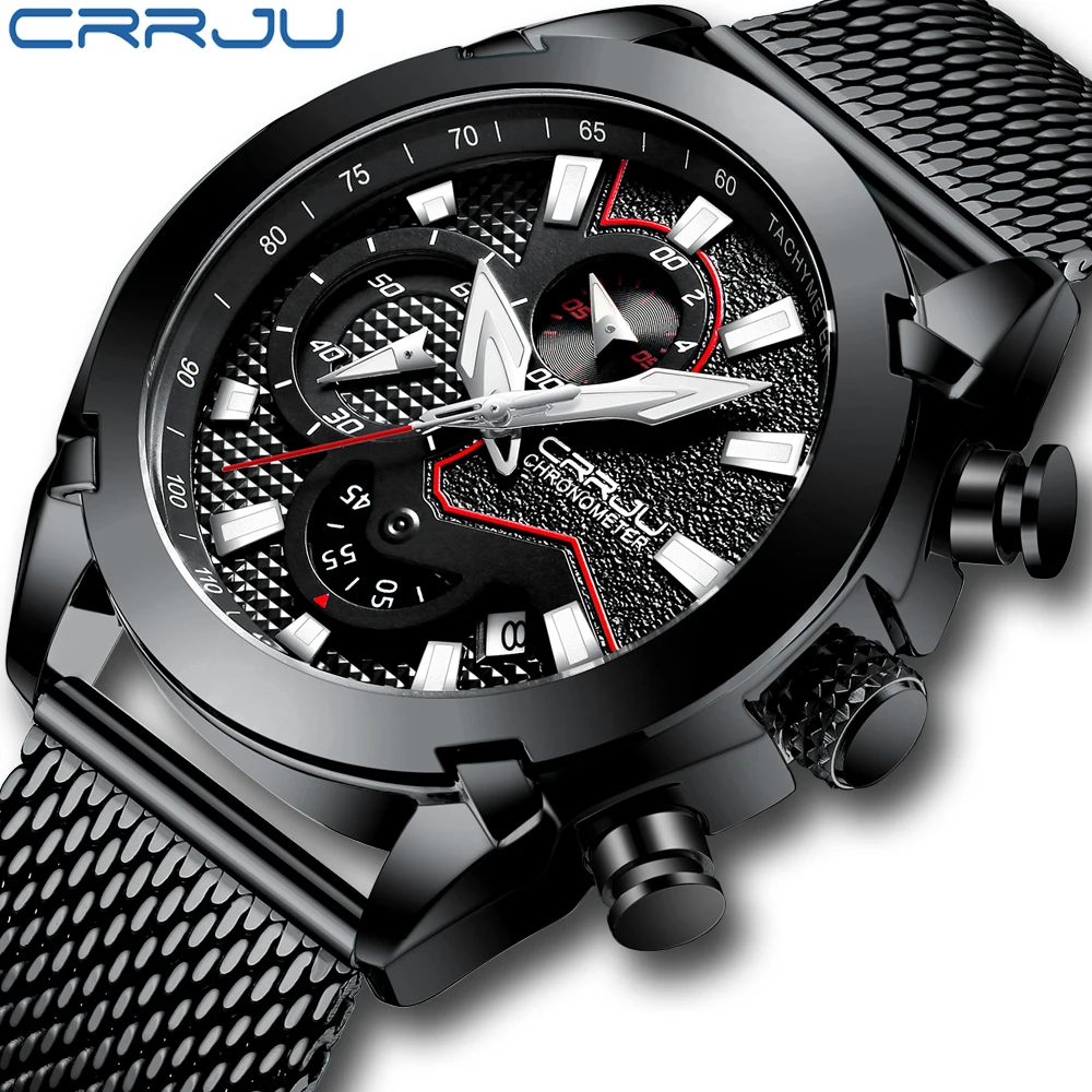 

CRRJU quartz Watches Mens Fashion sport Chronograph Wristwatch Casual 30M Waterproof Sport Watch Men Clock Relogio Masculino