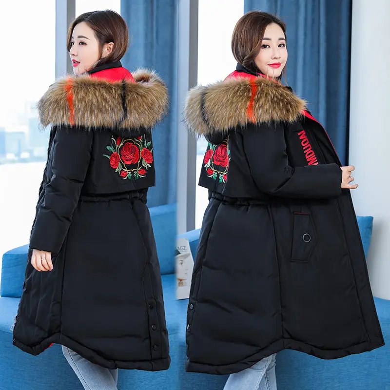 Black and Red Зимняя куртка женские пальто плюс размер 5XL большой меховой воротник длинные парки Женская Роза вышивка утолщаются теплые хлопковые пальто верхняя одежда - Цвет: Black and Red