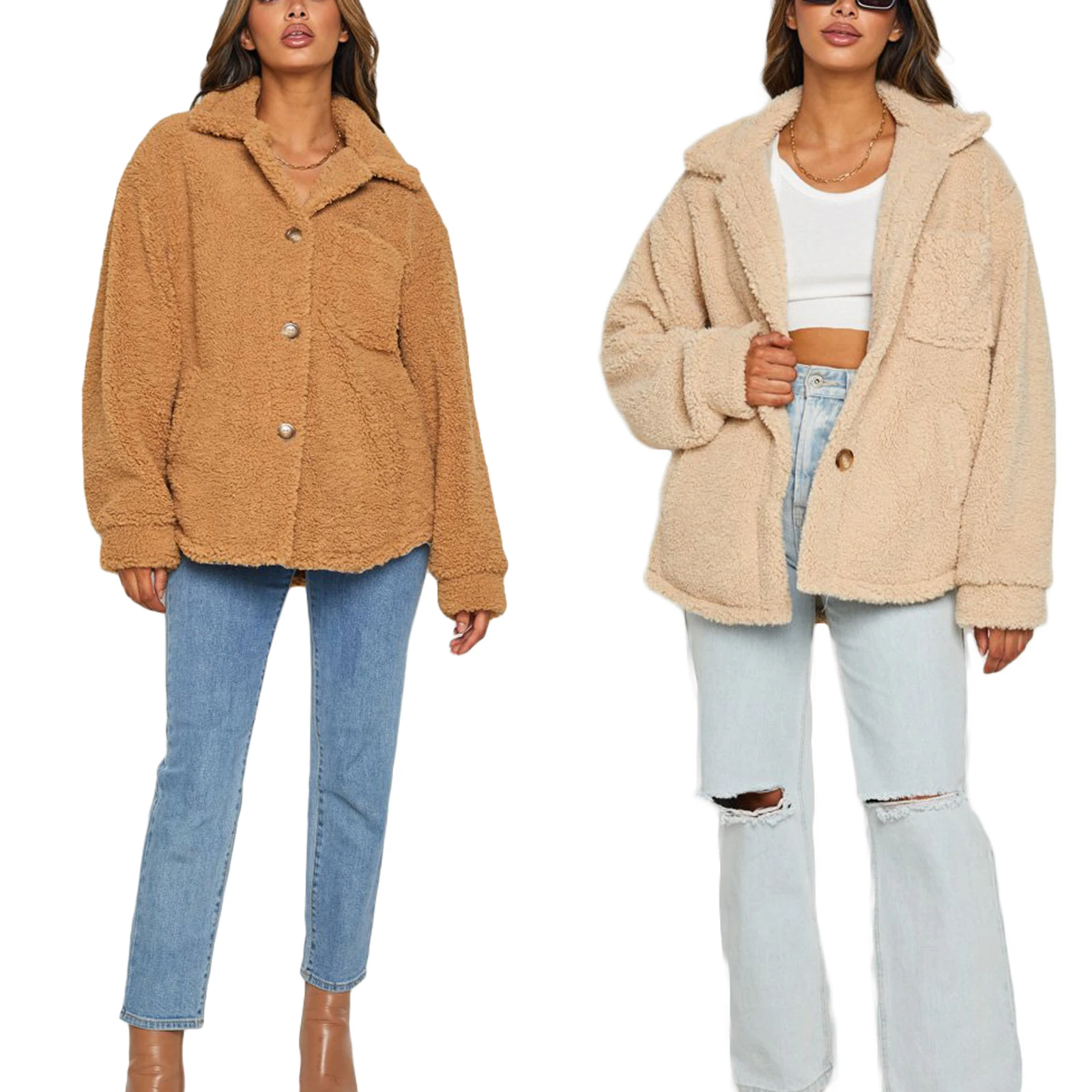 

Girls Long Sleeve Fluffy Coat, Spring Autumn Ladies Leisure Style Solid Color Lapel Tops Single-breasted Loose Outerwear