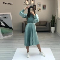 verngo modest dark greenblue knee length prom dresses satin pleats long sleeves formal party gowns vintage evening dress
