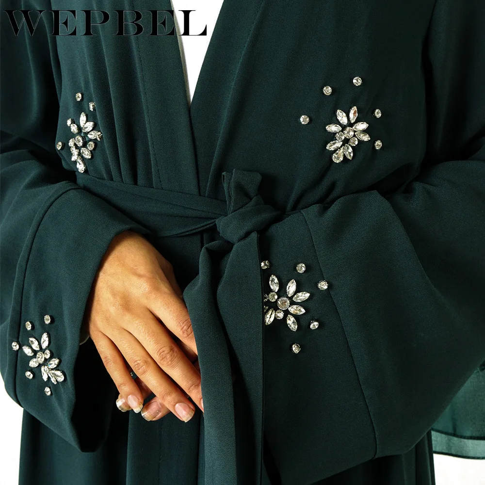 

WEPBEL Rheinstones Full Sleeve Women V Neck Dress Muslim Abaya Kimono Solid Color Ruffles Ladies Long Maxi Dresses