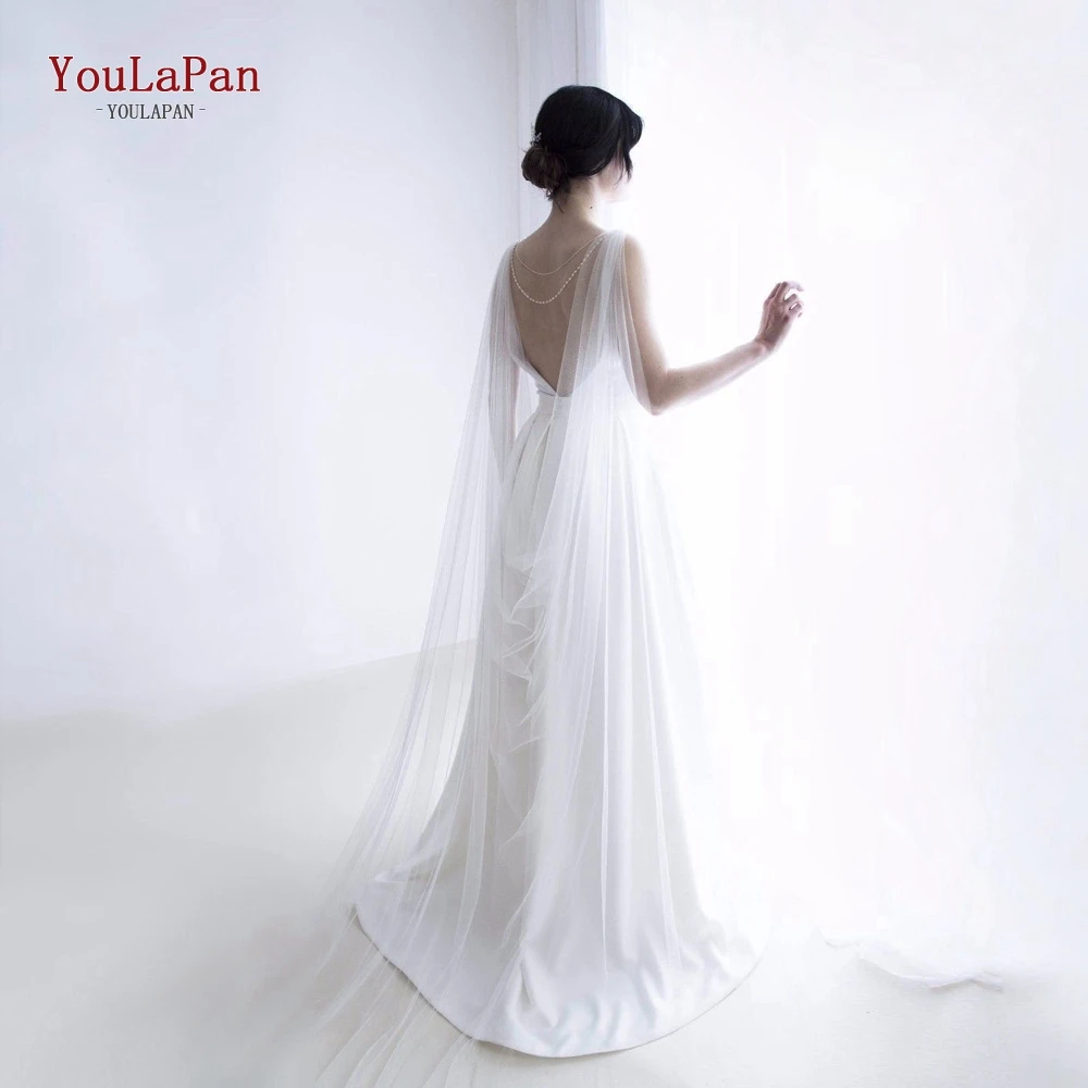 

YouLaPan G33 Wedding Cape Bridal Shaw Double-shoulder Plain Bridal Shawl Simple Church Wedding Tail Long Soft Yarn Cloak Shrug