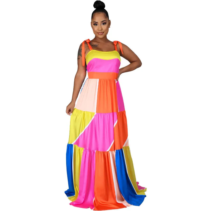 

Women High-waist Printed Suspenders Long Dress 2021 Summer New Sexy Sleeveless Party Elegant Robes Casual Maxi Dresses Vestidos