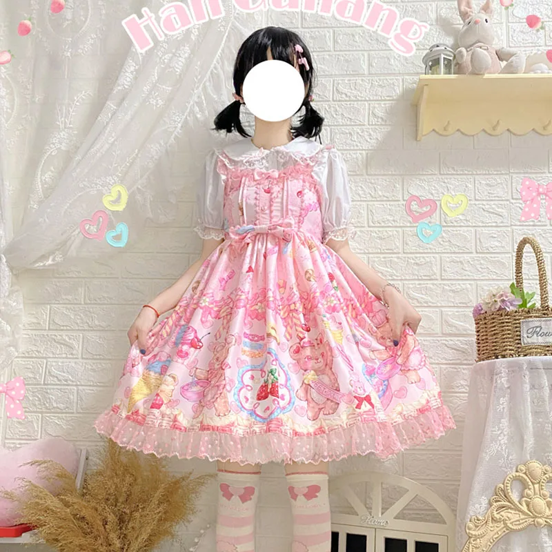 

Japanese Women Adorable Jsk Dress Kawaiii Bear Strawberry Cartoon Sleeveless Dress Bow Kawaii Lace Ruffles Lolita Princess Dress
