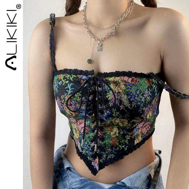 Французский корсет на шнуровке топы для ношения Женский винтажный с цветочным